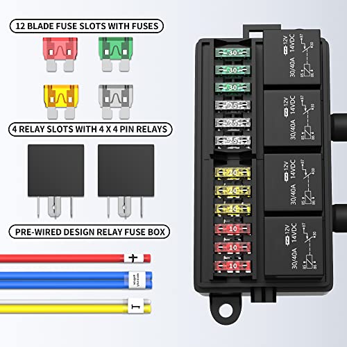 RVBOATPAT 12 Volt Fuse Relay Box Pre-Wired Fuse and Relay Box with 4 Relays and 12 Way ATC/ATO Fuses Sealed 12V Relay Fuse Box Block for Auto Car Marine Boat