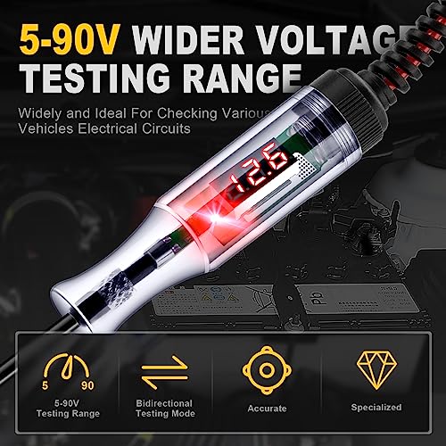 WINAMOO Automotive Test Light 5-90V Digital LED Circuit Tester with Voltage Display, Auto Bidirectional Light Tester, Electrical Voltage Tester with Extended Spring Wire & Probe for Car/RV/Vehicles