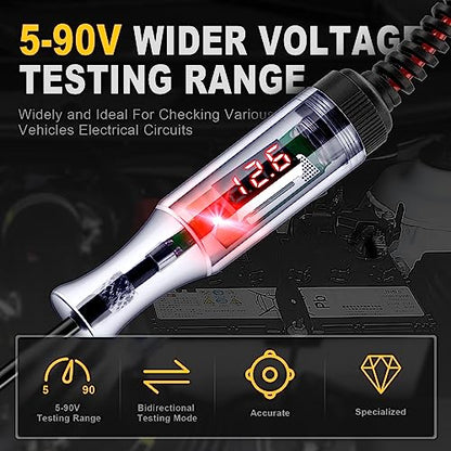 WINAMOO Automotive Test Light 5-90V Digital LED Circuit Tester with Voltage Display, Auto Bidirectional Light Tester, Electrical Voltage Tester with Extended Spring Wire & Probe for Car/RV/Vehicles