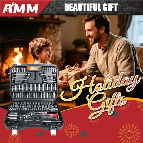 AMM Mechanics Tool Set, 1/4 in, 3/8 in and 1/2 in Drive socket set, 202 Piece