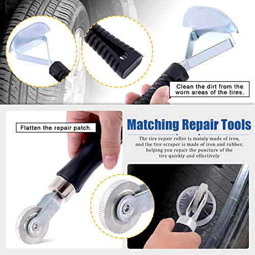 Glarks 26Pcs Tire Repair Patch Tool Kit Including 1Pc Tire Patch Roller, 1Pc Tire Inner Liner Scraper and 24Pcs 4mm/6mm/9mm Tire Repair Patch Plug for Car, Motorcycle, Electric Vehicle Repairing