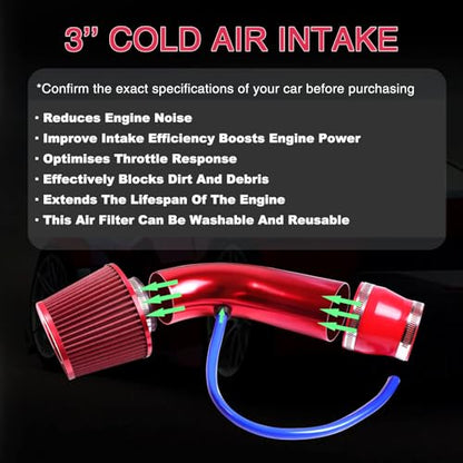 76mm Cold Air Intake Kit, Aluminum Red 3" - color: RED