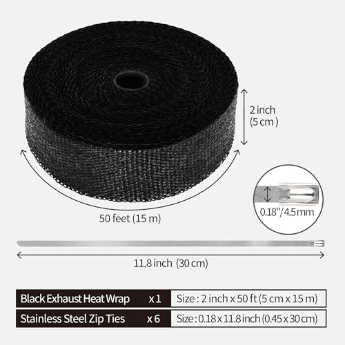 Exhaust Heat Wrap Roll for Motorcycle, 2 Inch x 50 Ft, Black Fiberglass Heat Shield Tape with Stainless Ties