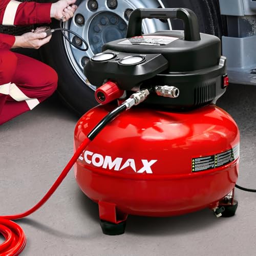ECOMAX 6 Gal Pancake Air Compressor 175PSI, 3 CFM @ 90 PSI w/25 FT Air Hose - style: Air Hose