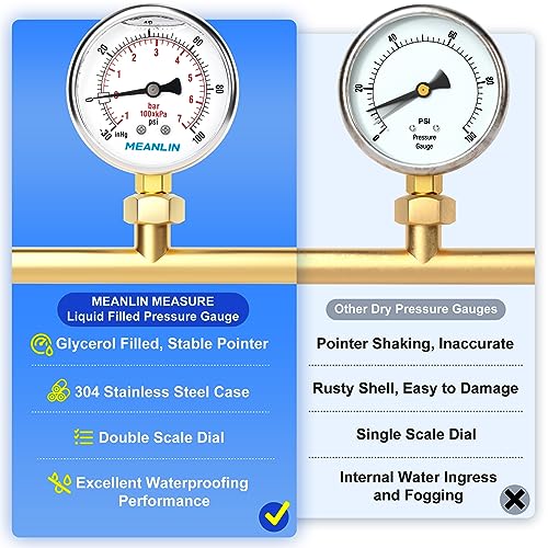 MEANLIN MEASURE -30inHG~100Psi Stainless Steel 1/4" NPT 2.5" FACE DIAL Vacuum Pressure Gauge, Lower Mount, with 1/2" NPT and 3/8" NPT Hex Bushing - size: -30inHG-100Psi
