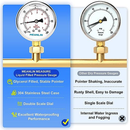 MEANLIN MEASURE -30inHG~100Psi Stainless Steel 1/4" NPT 2.5" FACE DIAL Vacuum Pressure Gauge, Lower Mount, with 1/2" NPT and 3/8" NPT Hex Bushing - size: -30inHG-100Psi