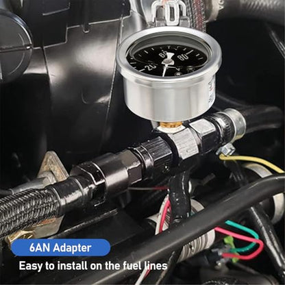 MEASUREMAN 0-100Psi Stainless Steel Glycerin Filled Fuel Pressure Gauge, 1-1/2" Black Dial, with 6AN Fuel Pressure Take Off Fitting Adapter Aluminum, 1/8" NPT Center Back Mount - size: 0-100 psi, style: Back Mount 6AN Adapter (Black Dial)