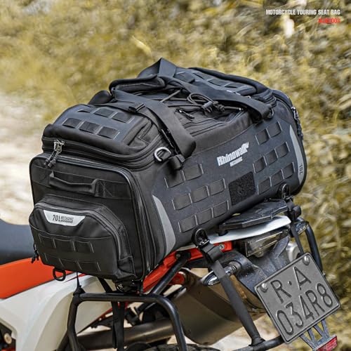 Rhinowalk Motorcycle Tail Bag Expandable Motorcycle Travel Luggage Waterproof 70L with MOLLE System Trunk Rack Bag with Sissy Bar Straps-Black - size: Black 50-70L