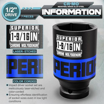 7 Piece 1/2" Drive Impact Socket Set, 1-3/8" - 1-3/4" Axle Nut Socket, SAE, CR-MO, 6 Point, Large Equipment Maintenance, Home Repair, Car Repair and More - size: 1/2" Heavy SAE
