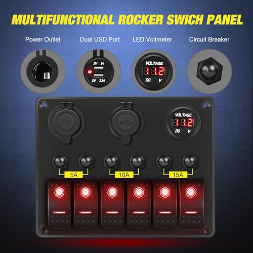 Nilight 6 Gang Rocker Switch Panel On Off with Resettable Circuit Breaker - color: Red