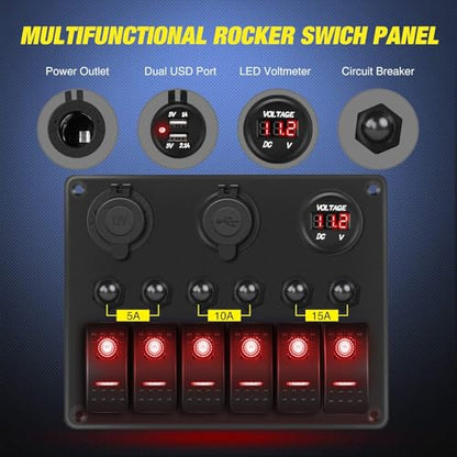 Nilight 6 Gang Rocker Switch Panel On Off with Resettable Circuit Breaker - color: Red