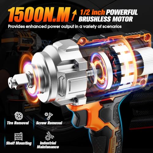 1500N.m Impact Wrench, 1/2" High Torque 1107ft-lbs Cordless Impact Gun with 2 x 4.0Ah Battery, 21V Power Impact Driver with 5 Sockets,LED Light,Electric Impact Truck RV Car Heavy Construction - size: 1500N