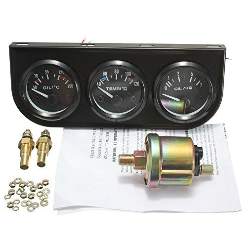 52mm 3 in 1 Car Auto Gauge Kit, 12V Triple Gauge Kit Oil Temp Water Temp Temperature Oil Pressure Gauge Meter for Car with Sensor