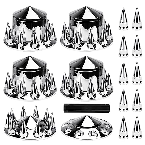 Youxmoto Chrome ABS Complete Axle Cover Set, 2 Front and 4 Rear with Hub Caps and 33mm Screw-On Spiked Lug Nut Covers for Semi Trucks - color: Spiked Cover: 2 Front+4 Rear