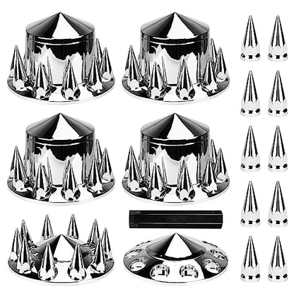 Youxmoto Chrome ABS Complete Axle Cover Set, 2 Front and 4 Rear with Hub Caps and 33mm Screw-On Spiked Lug Nut Covers for Semi Trucks - color: Spiked Cover: 2 Front+4 Rear