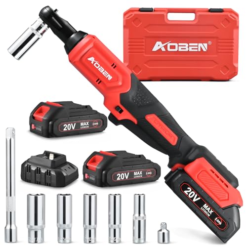 AOBEN 20V 3/8" Cordless Ratchet Wrench Kit, 60 Ft-lbs Brushless Electric Power Ratchet with Variable Speed, 2X2000mAh Lithium-Ion Battery, Charger, 8 Deep Sockets, 1/4" Adaptors, 6" Extension Bar - color: Light Red