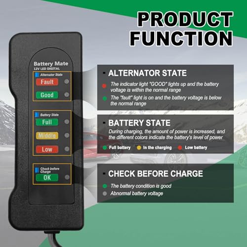 Automotive Load Tester 12V Car Battery and Alternator Tester for Automobiles Motorcycles Trucks with Digital LED Indicator for Vehicle Battery Condition and Charging System Analyzer