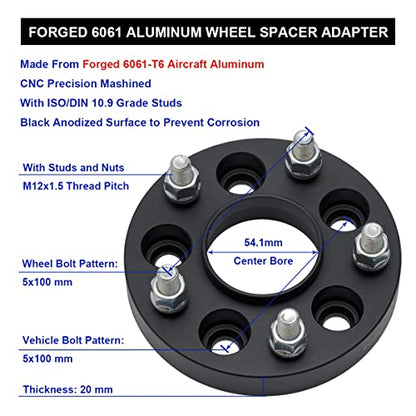 4X Black 5x100 Hubcentric Wheel Spacers 20mm with 12x1.5 Studs 54.1mm Hub - size: 20MM-Pack of 4