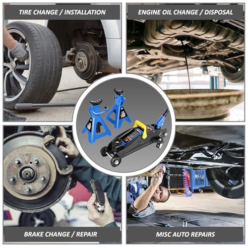 PM PERFORMOTOR Low Profile Hydraulic Trolley Service/Floor Jack Combo with 2 Ratchet Jack Stands, 2 Ton (4000 lbs) Capacity, Blue, PM-TOL-FJ3P-BL - color: Blue