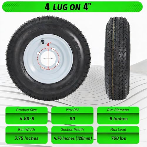 4.80-8 4.80x8 480-8 4.80-8 Trailer Tires with 8'' Rims, 4 Lug on 4'', Load Range C, 6PR - size: 480-8, style: 4 Lug