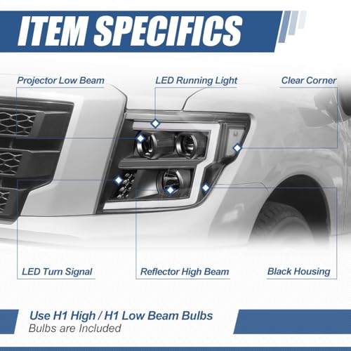 Auto Dynasty LED DRL Headlights Assembly for 2016-2024 Nissan Titan (XD) - color: Black, size: C-Style LED DRL / Halogen Low Beam