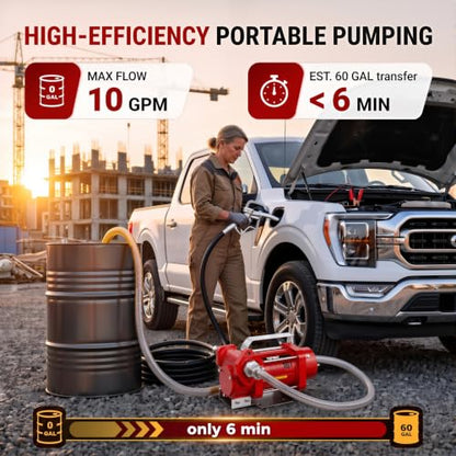 TOPWAY 12V DC Gasoline Fuel Pump 10GPM Self-priming Oil Transfer Pump With Handle, Overheat Protection, Explosion-Proof, Built-in Bypass, for Gasoline Fuel Diesel Kerosene Removal,Red - style: 12V 10GPM