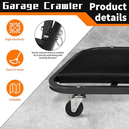 40" Heavy Duty Folding Mechanics Z Creeper & Rolling Seat, 450 lbs Capacity, 2-in-1 Z-Creeper with 6 Universal Swivel Wheels, Padded Support, Foldable Garage Stool for Auto Repair, Truck, SUV (Black) - size: 40 inch