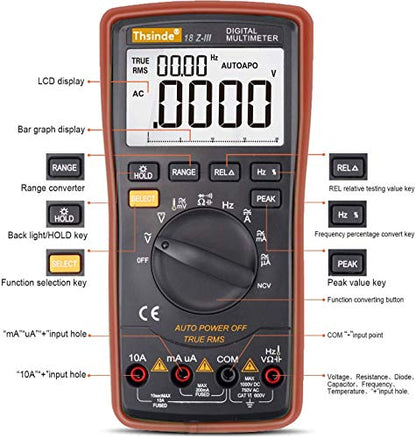 Auto-Range Digital Multimeter 20000 Counts 4 1/2 DC AC Resistance Capacitance Peak Hold True RMS NCV Diode Tester - color: 4 1/2