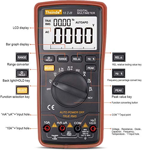 Auto-Range Digital Multimeter 20000 Counts 4 1/2 DC AC Resistance Capacitance Peak Hold True RMS NCV Diode Tester - color: 4 1/2