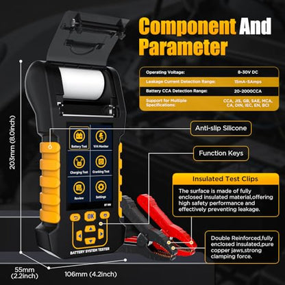 BT880 Car Battery Tester,12V/24V Battery Load Tester with Built-in Thermal Printer, 20-2000 CCA Testing,Cranking/Charging Test,Voltage/Current Monitor,Data Logging & Safety Protections