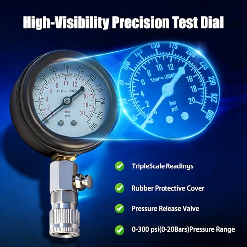 Upgraded Compression Tester & Spark Plug Tester Kit, 0-300 PSI Gauge for Gasoline/Diesel Engines, with Adapters, Hoses & Sturdy Case for Automotive Use
