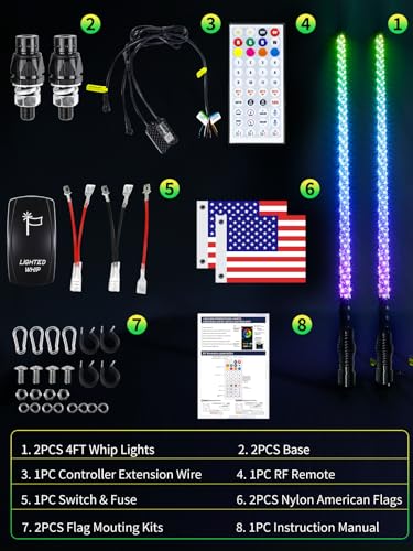 2 Pack 4FT Whip Lights with Spring Base, LED Whip Light with App & Remote Control, Spiral RGB Chasing Lighted Whips with Rocker Switch, Music Whip Light for UTV ATV - size: 4FT (2 Pack)