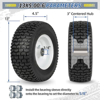 GICOOL 13x5.00-6 Flat Free Lawn Mower Tire and Wheel, 13x5-6 Riding Lawnmower Tire with 3" Centered Hub and 3/4" & 5/8" Bearings, Tractor Turf Tire Turf-Friendly, 2 Pack - color: Turf-Pattern Tread, size: 13x5.00-6 Flat-Free Tire