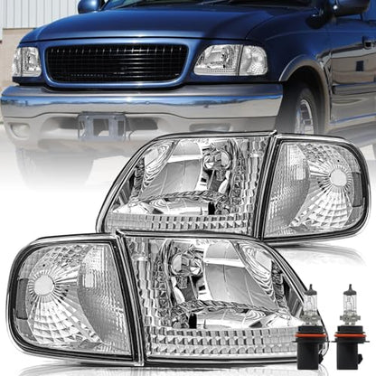 Aosky Halogen Headlights Assembly for 1997-03 Ford F150 Expedition - color: Chrome / Clear, style: w/ Bulbs