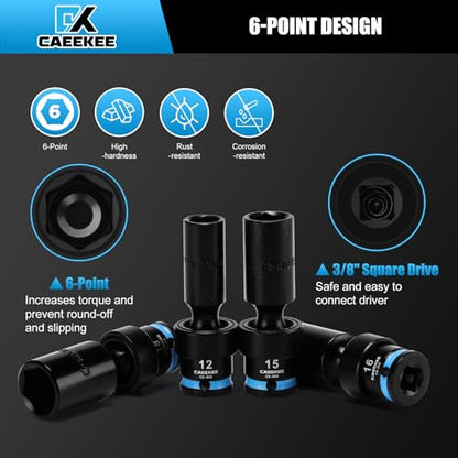 3/8" Drive Deep Universal Impact Socket Set, 14-Piece Swivel Socket Set, Cr-Mo, 6 Point, Metric(10-19mm), Flexible Wobble Socket Set, Includes Extension Bars and Adapters