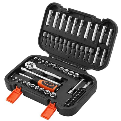 VEVOR Socket Set, 70 Pieces, 1/4 inch Drive Socket and Ratchet Set, SAE and Metric, Deep and Shallow, Mechanic Tool Kit with Bits, Accessories and Storage Case, CR-V Alloy Steel, for Automotive Repair - size: 70-PCS