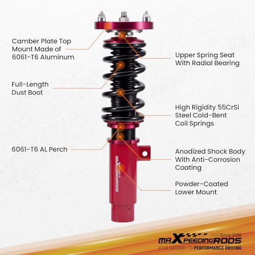 maXpeedingrods Coilovers for BMW 3 Series E90 RWD 2004-2011, for BMW E91 RWD 2004-2012, for BMW E92 RWD 2005-2013, for BMW E93 RWD 2006-2013, Height Adjustable Coilover Suspension Lowering Kit Red
