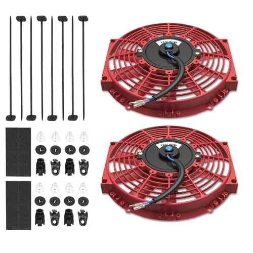 Auto Dynasty 2Pc 10" Universal 12V Electric Radiator Cooling Fan Kit, Red - color: Red, size: 10 Inch No Thermostat Wiring Switch Relay Kit