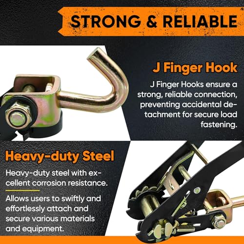 Car Tie Down Straps, 4 Pack, 2" x 96", 9900 LBS, Heavy Duty J Finger Hooks - color: Orange