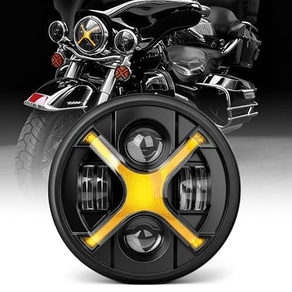 7" Black X-Style LED Motorcycle Headlight with Amber/White DRL - size: 7 inch X-style DRL