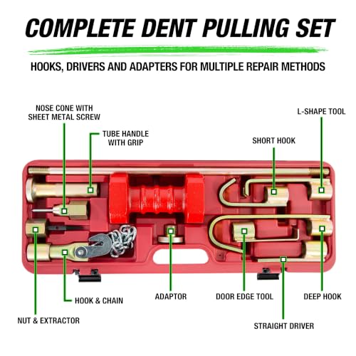 OEMTOOLS 25922 Dent Puller Kit, 10-Piece Drop Forged Steel Dent Removal Kit For Cars, Includes 10 lb. Slide Hammer, Hooks, Drivers, Fasteners, And Tools