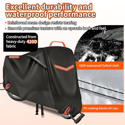 Motorcycle Cover Waterproof Outdoor, 420D Heavy‑Duty Thick Powersports Vehicle Covers with Breathable Vent Windows, Fits Up to 104 Inch, Lock-Holes, Storage Bag & Night Reflective Design - size: 2XL