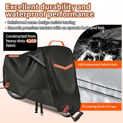 Motorcycle Cover Waterproof Outdoor, 420D Heavy‑Duty Thick Powersports Vehicle Covers with Breathable Vent Windows, Fits Up to 104 Inch, Lock-Holes, Storage Bag & Night Reflective Design - size: 2XL