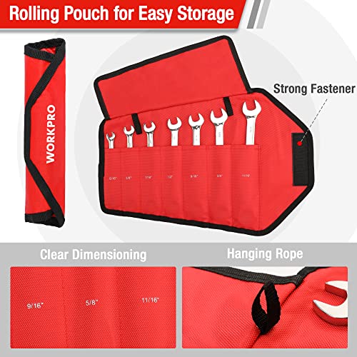 WORKPRO 7-Piece Ratcheting Combination Wrench Set, 72 Teeth, Cr-V Constructed, Combo Ratchet Wrenches Set with Roll Up Pouch, SAE 5/16"-11/16" (Pack of 2) - size: SAE (Pack of 2)