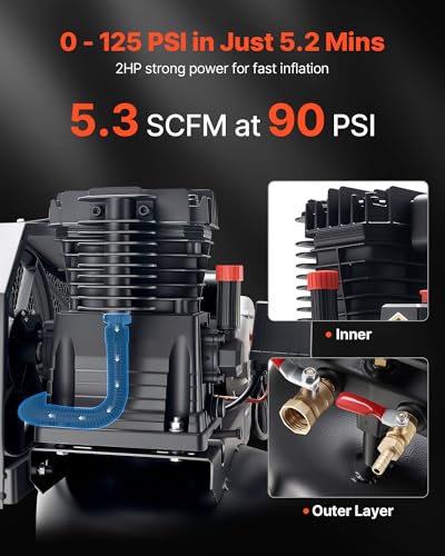 VEVOR 30 Gallons Air Compressor, 2HP 5.3SCFM at 90PSI, Max 125PSI Pressure Oil-Lubricated Air Compressor Tank, Portable on Wheels for Auto Repair,Tire Inflation,Spray Painting,Woodwork Nailing,120V - size: 30 Gallon 125 PSI