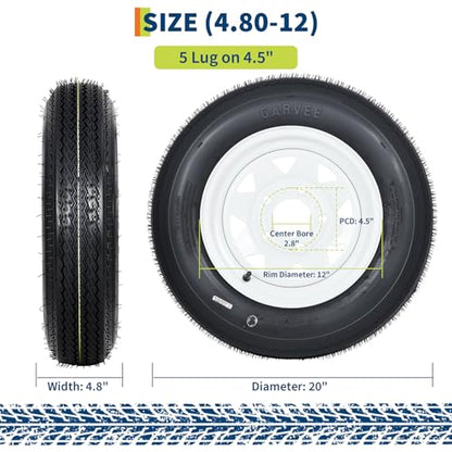GarveeTech 4.80-12 Trailer Tire and Wheel Assembly, 5 Lug, Set of 2 - size: 4.80-12, style: 5 Lug