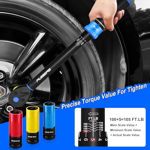 10-170FT 1/2'' Torque Wrench Socket Set, 17mm 19mm 21mm Wheel Sockets with 3/8" Drive Adapter and Extension Bar 72 Tooth, High Accuracy Laser Marking Scale for Auto Motorcycle Repair - size: 1/2" 10-170 FT.LB - 6 Pcs