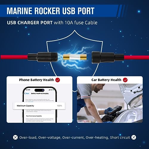 Anina 4.2A Rocker Switch Style Dual USB Charger Blue LED Light, Waterproof USB Port with 10A Fuse for Marine Toggle Switch Panel on 12V-24V Car ATV UTV Boat Polaris Can-Am, Universal Quick Charger