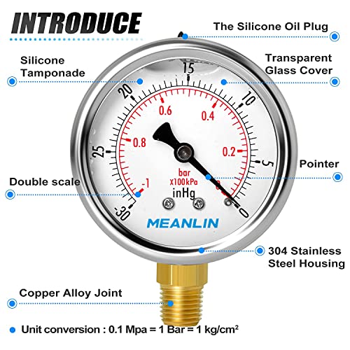 MEANLIN MEASURE -30inHG~0Psi Stainless Steel 1/4" NPT 2.5" FACE DIAL Vacuum Pressure Gauge, Lower Mount, with 1/2" NPT and 3/8" NPT Hex Bushing - size: -30inHG-0Psi