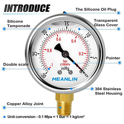 MEANLIN MEASURE -30inHG~0Psi Stainless Steel 1/4" NPT 2.5" FACE DIAL Vacuum Pressure Gauge, Lower Mount, with 1/2" NPT and 3/8" NPT Hex Bushing - size: -30inHG-0Psi